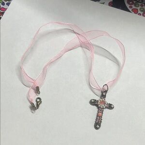 Pink Ribbon Chiffon Necklace with Jeweled Cross Pendant